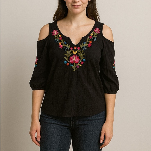 Urban Outfitters Black Floral Embroidered Open Shoulder Top Size Small - Picture 1 of 8